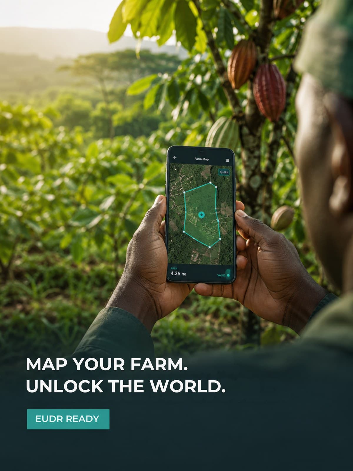 Hand holding a phone showing the Didi agent app mapping a cocoa farm boundary, with the message 'Map your farm. Unlock the world. EUDR Ready'