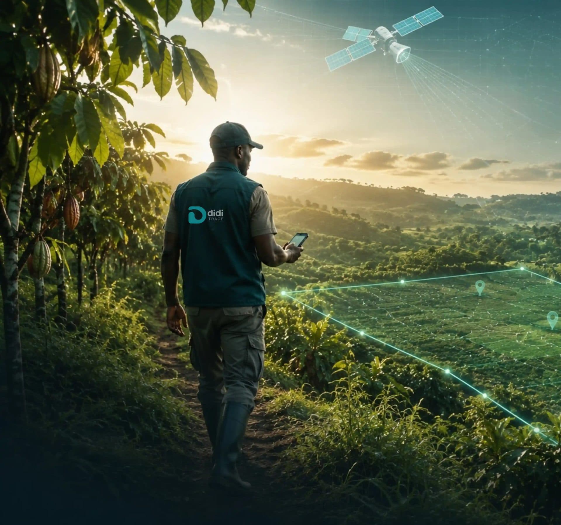 Didi Trace field agent looking at farmland at dusk with a phone in hand