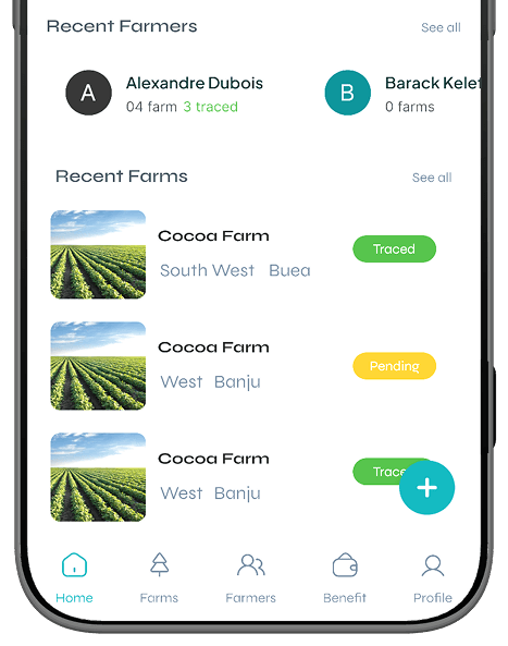 Didi agent app dashboard listing recent farmers and their traced farms